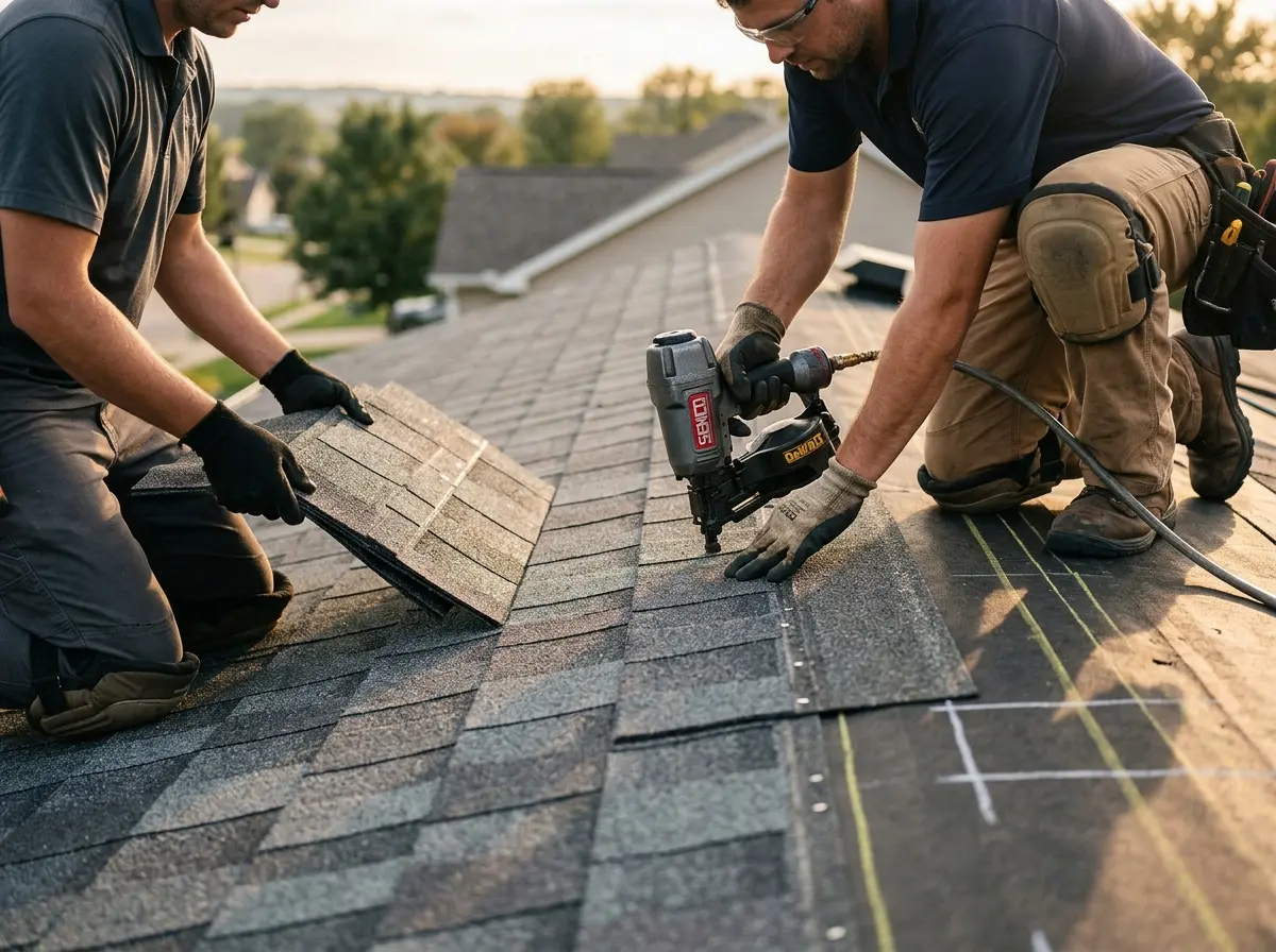 Professional roofer working on a residential roof in Orosi